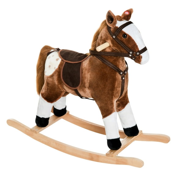 Qaba Kids Plush Toy Rocking Horse Pony Toddler Ride on Animal for Girls Pink Birthday Gifts with Realistic Sounds, Brown