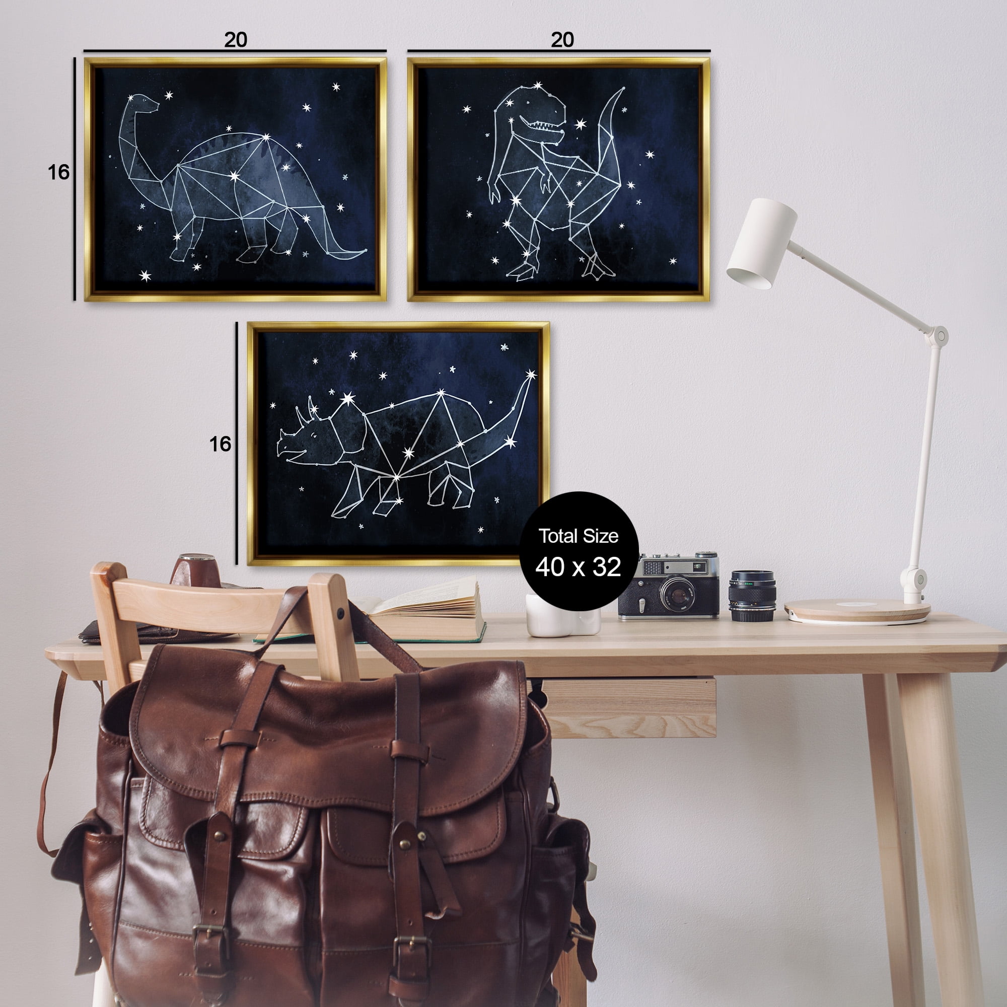 Stupell Industries Night Sky Dinosaur Constellations Animals & Insects Painting Gold Floater Framed Canvas Art Print Wall Art, 21 x 17, Set of 3