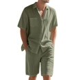 thumbnail image 2 of Men's Linen Blend Short Sleeve Shirt & Shorts Set, Casual Summer 2 Piece Outfit Green M, 2 of 9