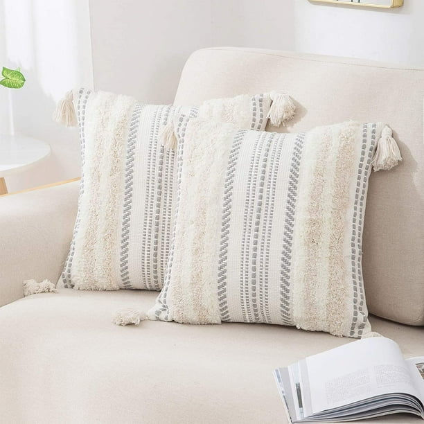 Funda de almohada de 2 piezas con decoración bohemia, funda de almohada neutra para dormitorio, funda de almohada decorativa tejida gris, 18 x 18 pulgadas, beige y blanco JAMW Sencillez