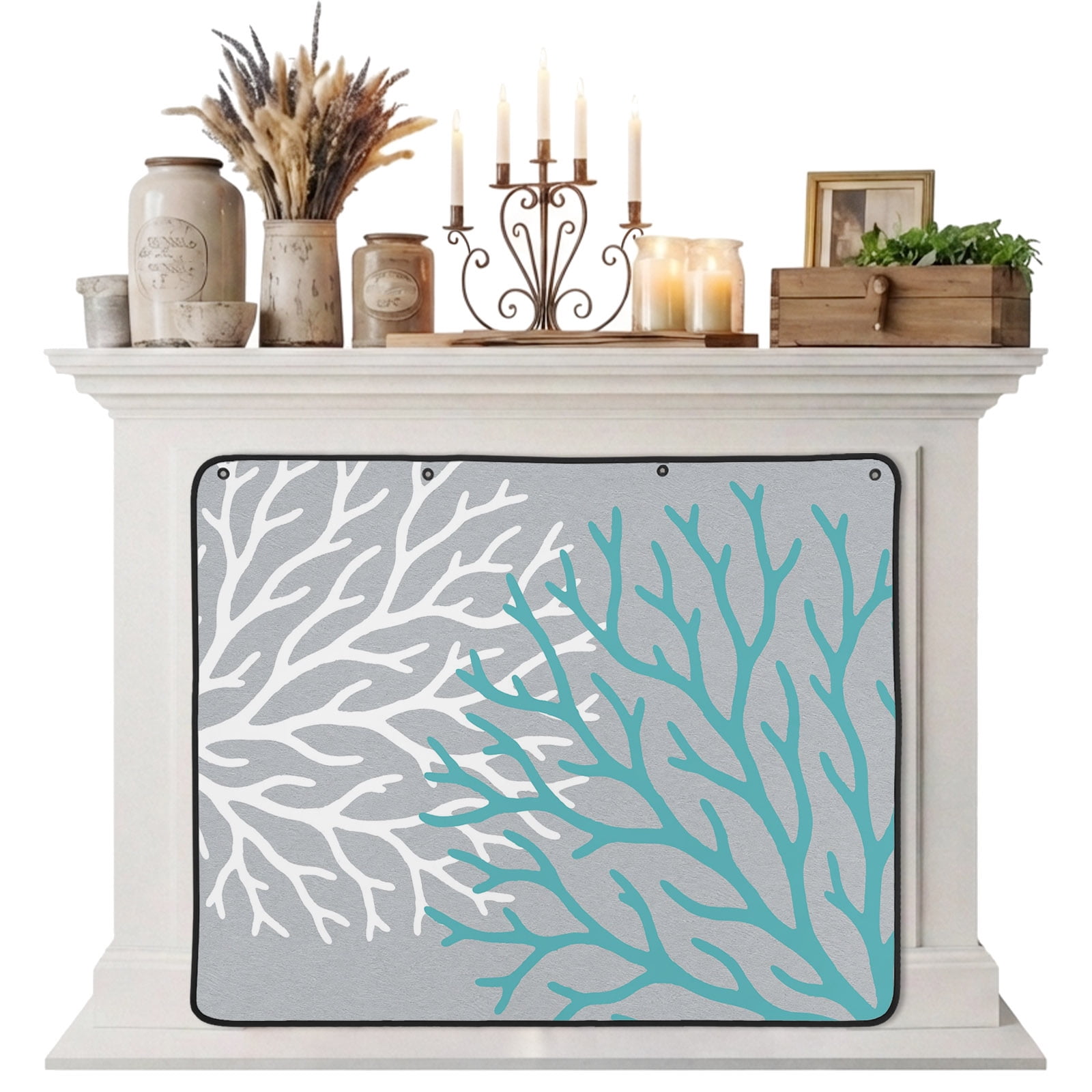 Magnetic Fireplace Cover Coastal Teal Coral Fireplace Screen Ocean Branches Grey Insulation Fireplace Blocker Blanket Save Energy Fireplace Draft Stopper Covers for Living Room 36x30