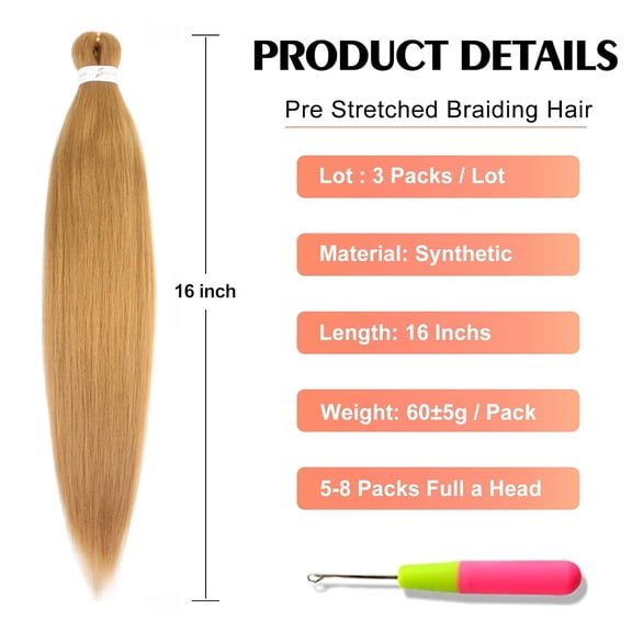 WEIF-Braiding Hair Pre Stretched 16 Inch 3 Packs, Honey Blonde Pre stretched Braiding Hair for Professional Braiding Hair Extensions, Hot Water Setting Yaki Texture Synthetic Hair(27#)