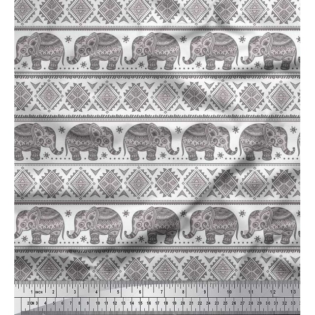 Soimoi polyester Crepe Fabric Aztec & Tribal Elephant Ethnic Decor Fabric Printed Yard 42 Inch Wide