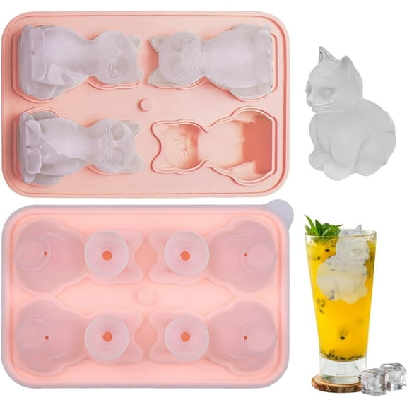 Cat Ice Cube Mold Silicone with Lid | Slow-Melting Large Ice Cubes Mold for Whiskey, Cat-Shaped Cocktail Ice Gift for Cat Lovers ​(pink）