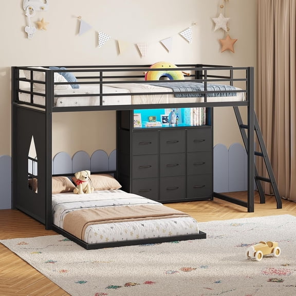 Twin Over Twin Size Low Bunk Bed with 9 Storage Drawers, Low Bunk Bed with LED Lights, 13.4''Safety Guardrail & Ladder,Heavy-Duty Metal Loft Bed Frame, L-Shaped Bunk Beds with Play Area, Black