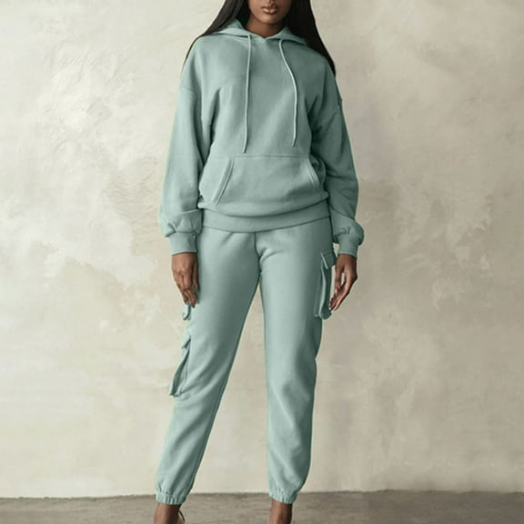 Azrian Clearance Women's Hooded Suit, Breathable Loungewear Sweat 2PCS Outfit Ladies Solid Color Hooded Sweater Beamed Workwear Trousers Casual Plush Long Sleeve Hooded Suit