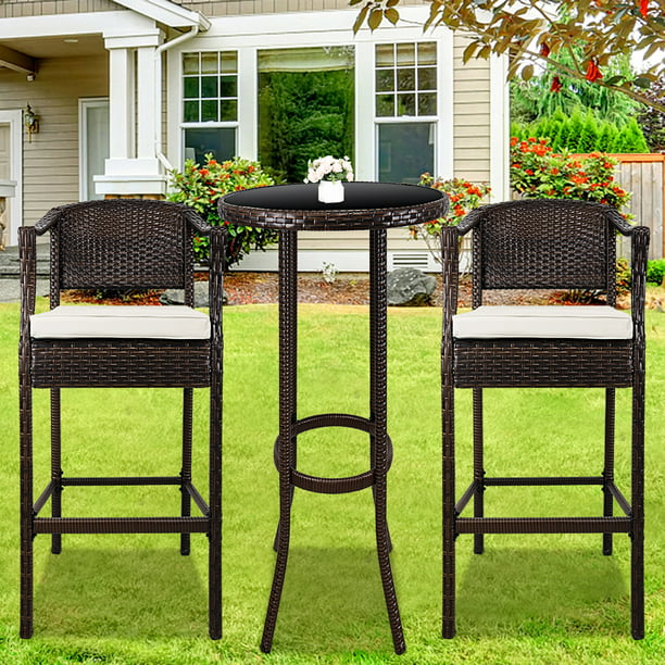 High Top Outdoor Table And Chairs Patio Furniture Set Wicker Back Chair With Glass Coffee Removable Cushions Bistro For Backyard Poolside Porch Q17061 - Outdoor High Patio Chair