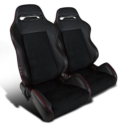 - Pair Recaro Style Jdm Black Leather Red Stitching Fully Reclinable Racing Seats