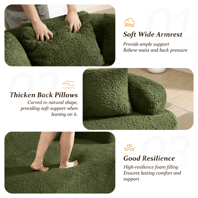 ATHOPE 86" Curved Cloud Couch, Boneless Sofa for Small Space, Plush Teddy Fabric Modern Couch with 3 Throw Pillows, Comfy Floor Love Seat for Living Room, Bedroom, Green