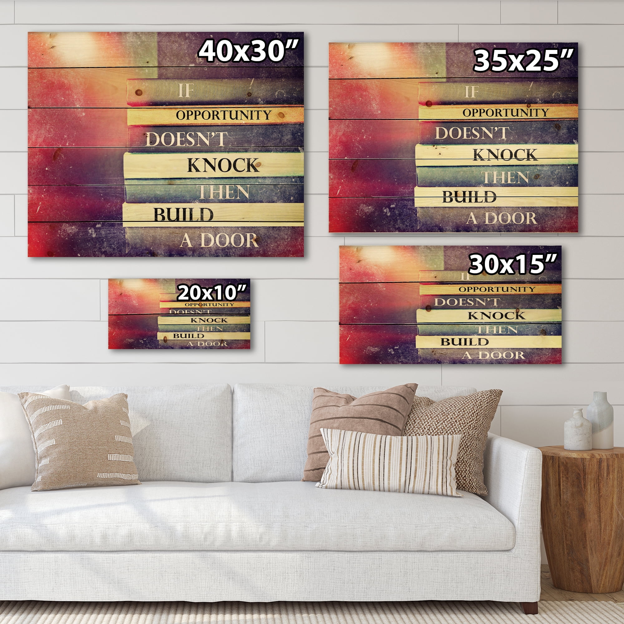 Designart 'If Opportunity Does Not Knock Build A Door On Books' Traditional Print on Natural Pine Wood