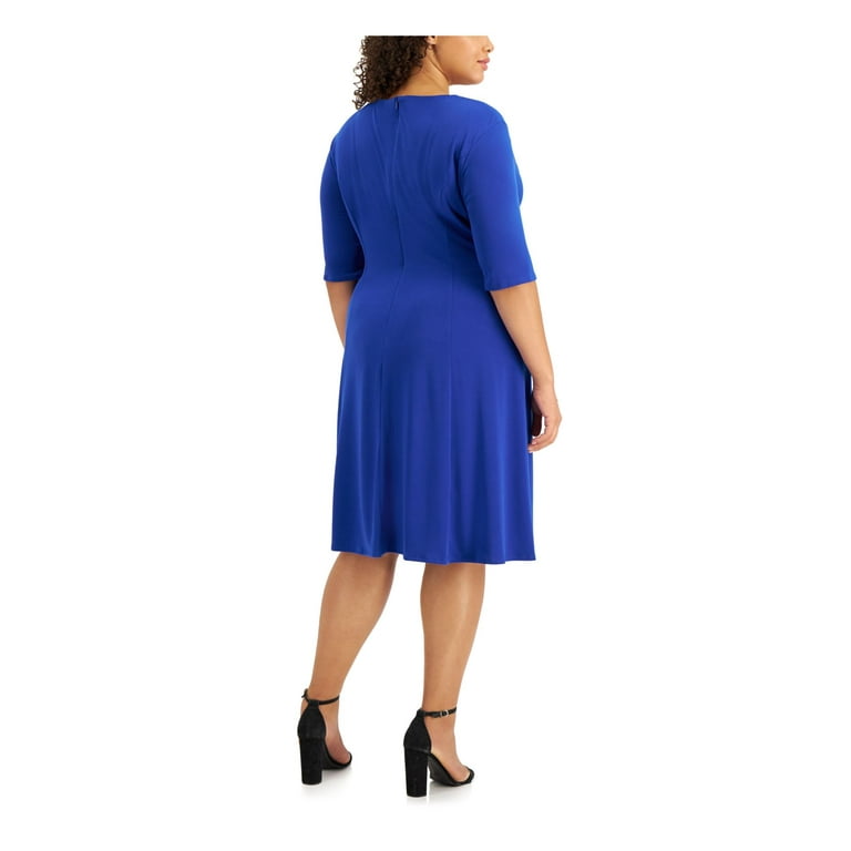 LONDON TIMES Womens Blue Stretch Zippered Round Neck With Cutouts Elbow  Sleeve V Neck Knee Length Wear To Work Fit + Flare Dress Plus 18W