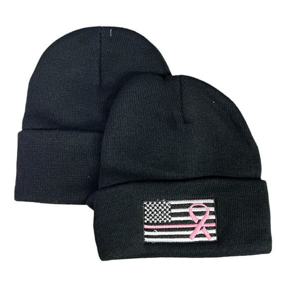 USA Embroidered Women's Black Breast Cancer Beanie Hat Cap