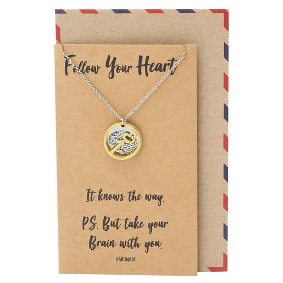 Quan Jewelry Heart Arrow and Brain on Plate Pendant Necklace in Two-Tone, Gifts for Women with Inspirational Quote on Greeting Card