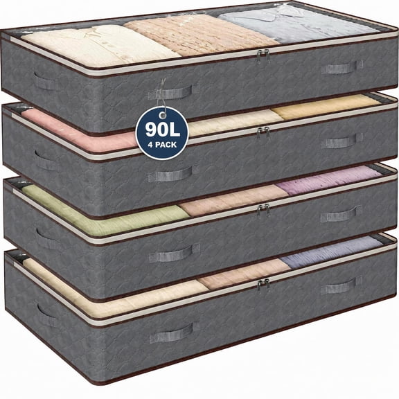 4-Pack 90L Large Foldable Under Bed Storage Containers, Clear Transparent Top & Secure Lid Dustproof Storage Bins,Grey Breathable Closet Organizers for Clothes, Blankets, Pillows, Shoes