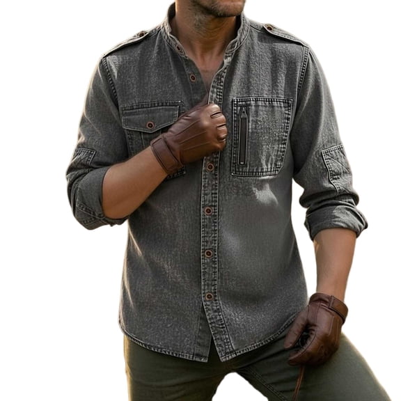LMOIPLI Men's Stand Collar Long Sleeve Cargo Shirt Epaulet Detail Multi‑Pocket Design Lightweight Casual Top for Outdoor Daily Wear Dark Gray XL