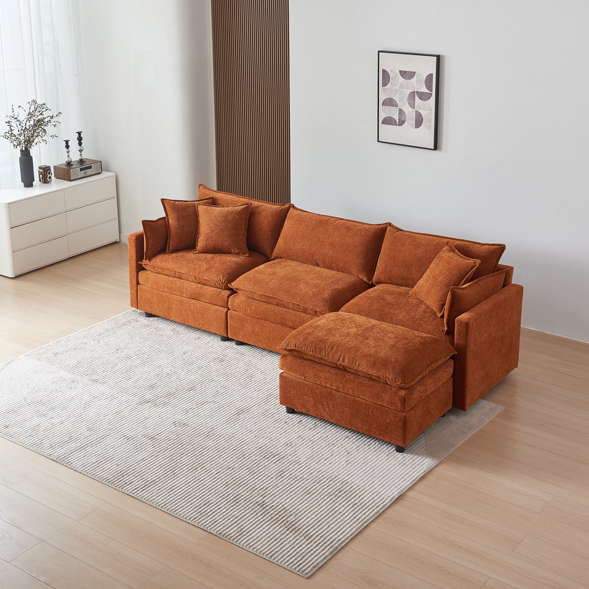 MAYEERTY Modular L-Shaped Sectional Sofa with Ottoman, Chenille Fabric Sofa Couch, Comfy Upholstered Furniture for Living Room，Orange