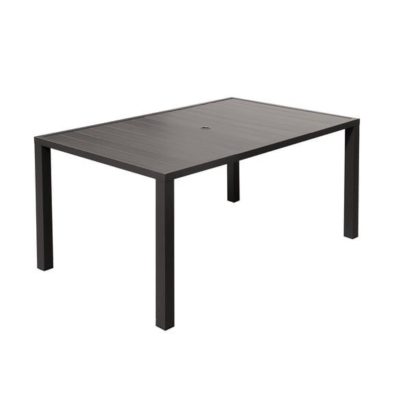 JERFIT 6-Person Outdoor Dining Table with Umbrella Hole, All-Weather Metal Patio Table for Backyard, Garden, Deck, Rectangular Slatted Design, Brown