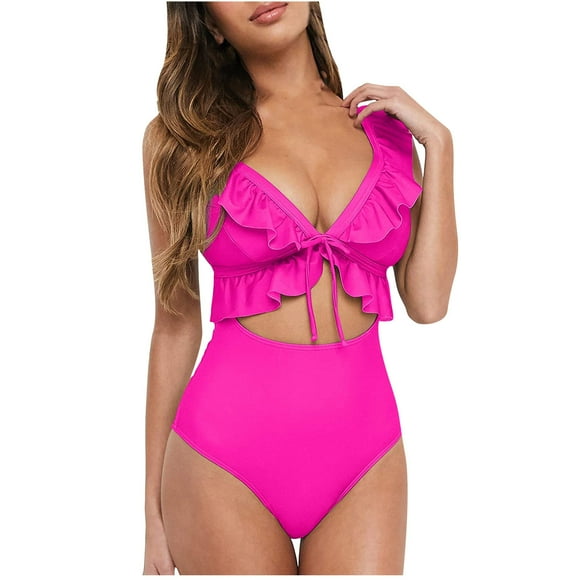 Pisexur Plus Size Monokini One Piece Swimsuit for Women Solid Cutout Ruffle Halter Bathing Suit Swimwear Beachwear