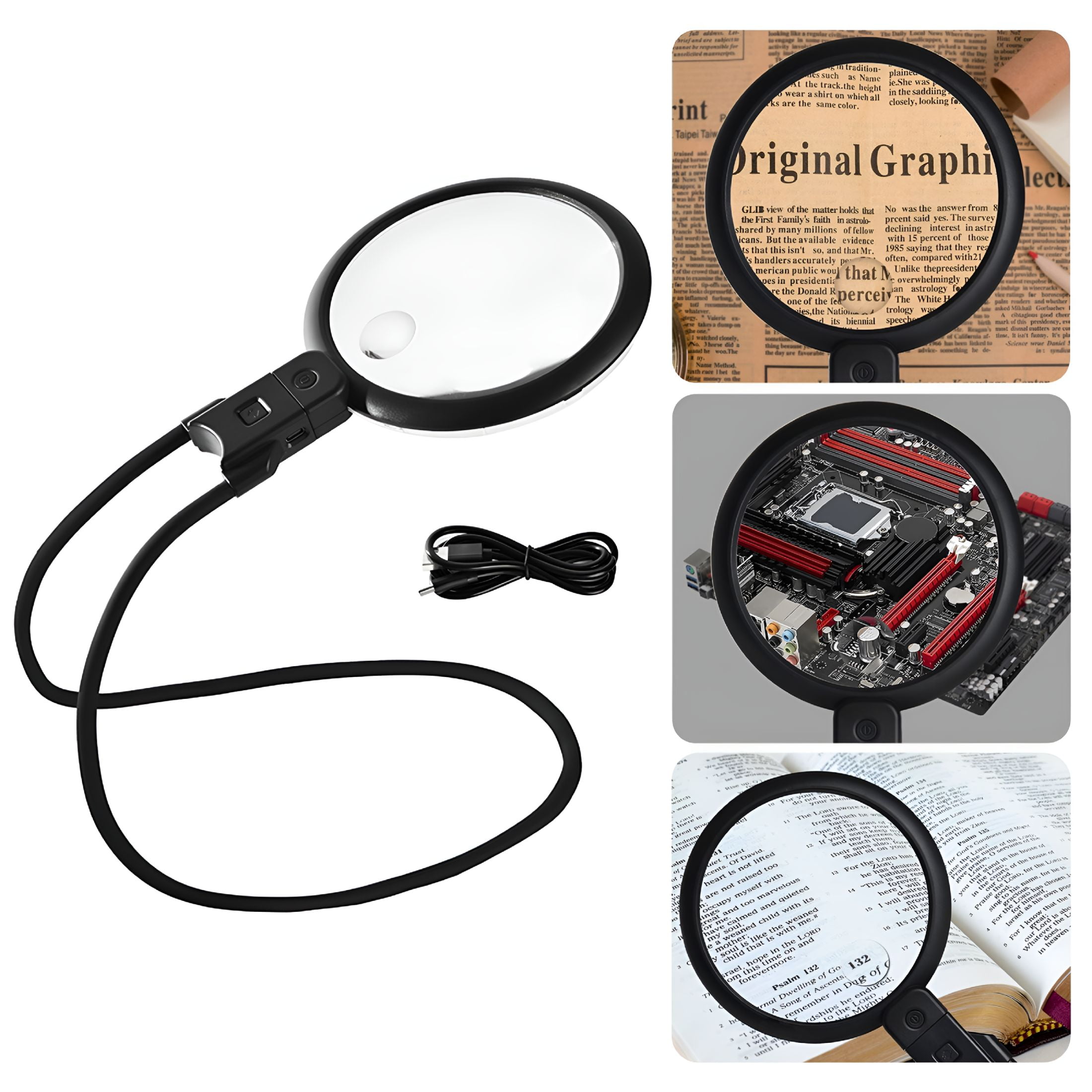 GJX Easy Carry Magnification Tool with Light Neck Wearable Glass Rechargeable Magnifier Glass for Senior Reading Needs Magnifying Glass with Light