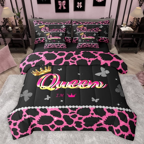 Castle Fairy Teens Queen Crown Twin Bedding Sets 7-Piece,Bling Butterflies Cheetah Print Bedding Comforter Set Microfiber,Black Pink Breathable Sheet Sets,Breathable Home Decor,Reversible