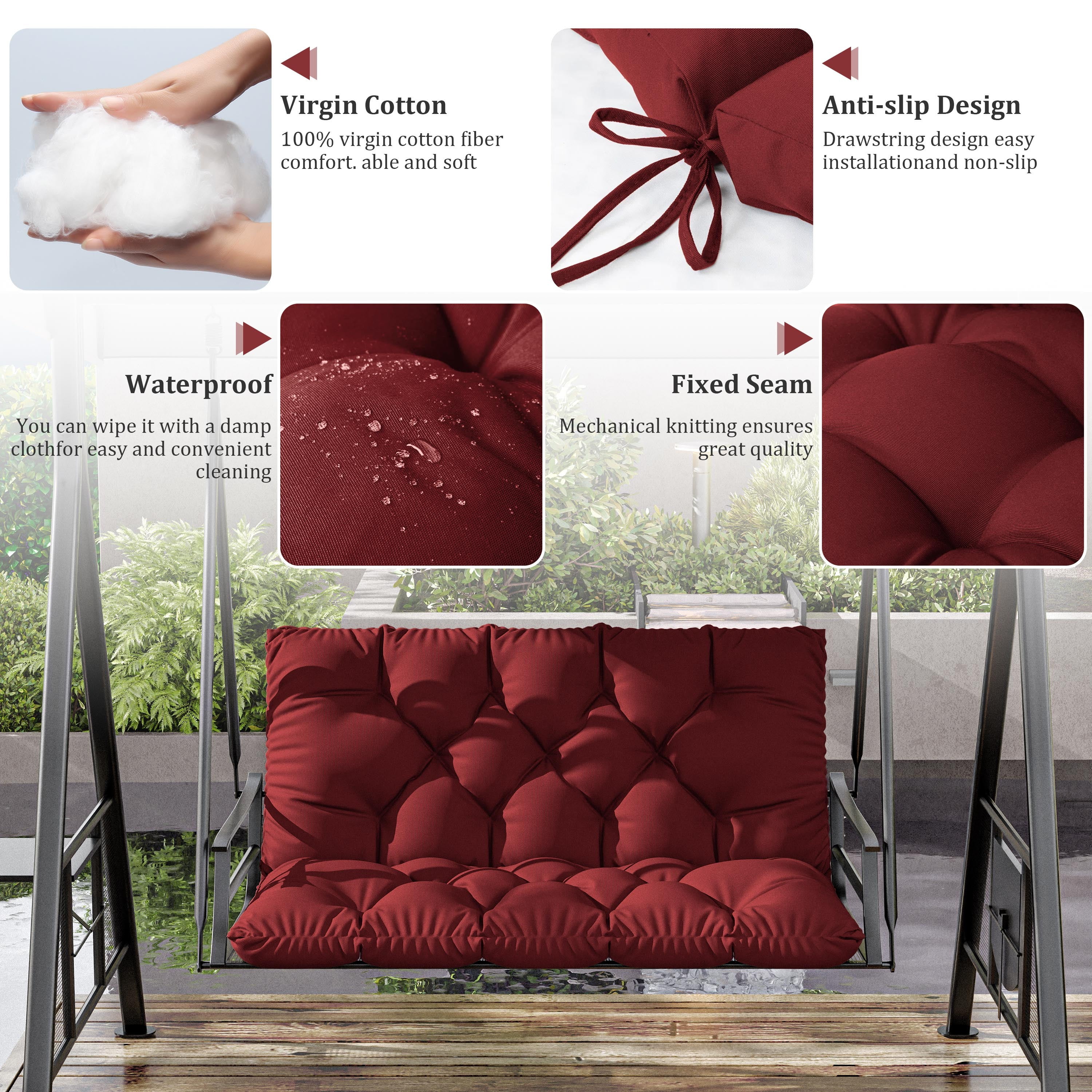 Kimunuk Outdoor Porch Swing Cushion, 40" X 40" X 5" Waterproof Bench Chair Replacement Cushion with 6 Ties for Patio, Burgundy