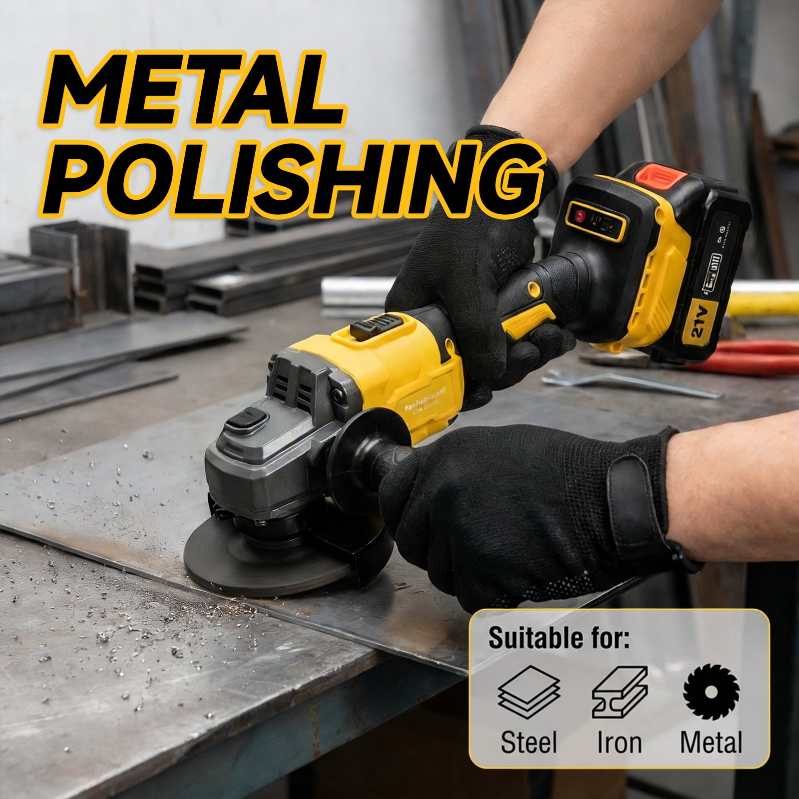 21V Angle Grinder, Double Battery Pack, 2 Grinding Discs, 3 Cutting Discs, Yellow