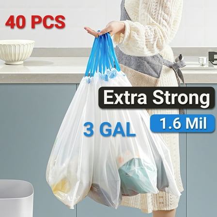 3 Gallon Drawstring Trash Bags, White, 40 Counts
