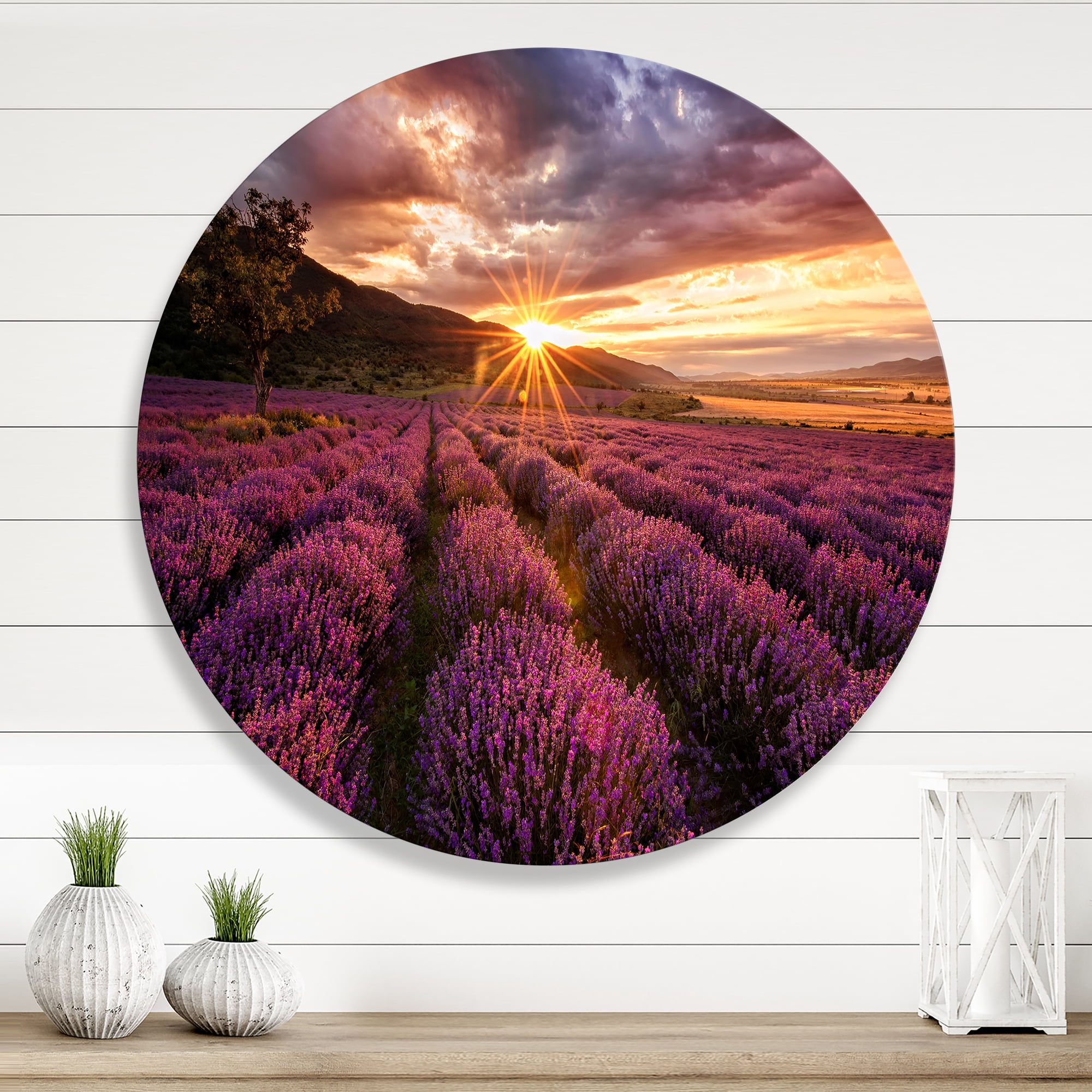Designart 'Dramatic Clouds and Sunrise Over Lavender Field IV' Farmhouse Circle Metal Wall Art 11x11 - Disc of 11