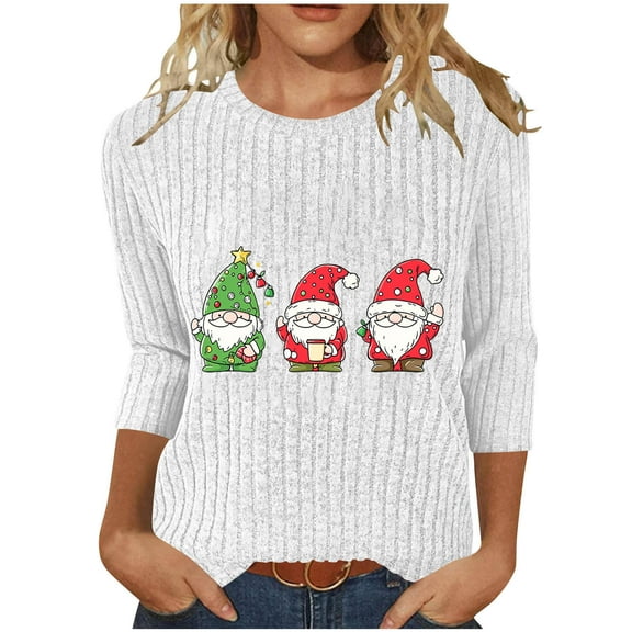 qelini Christmas Tee Shirts for Women Plus Size Dwarf Print Crewneck Pullover Ribbed 3/4 Sleeve Tops Casual Holiday Blouses