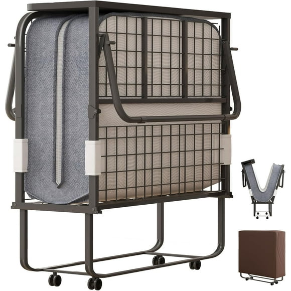 Puremind Folding Bed with 5 Inch Mattress Included, 75" x 38" Rollaway Bed for Adults, Space-Saving Portable Bed with Headboard and Dust Cover