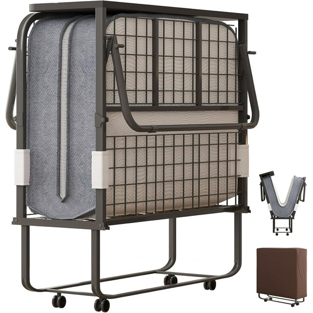 Puremind Folding Bed with 5 Inch Mattress Included, 75" x 38" Rollaway Bed for Adults, Space-Saving Portable Bed with Headboard and Dust Cover