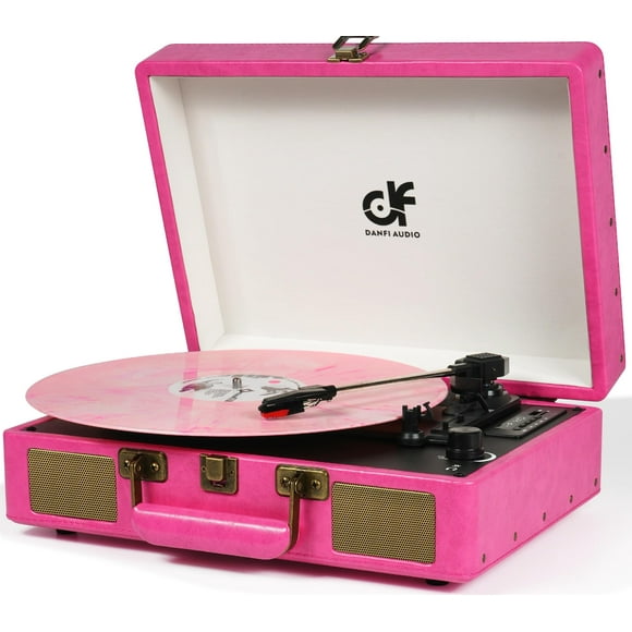 Vintage Bluetooth Suitcase Record Player with Built-in Speakers, 3 Speed Portable Turntable with USB Vinyl Audio Recorder RCA AUX-in & Headphone Jack (Pink, 2024 New Version)
