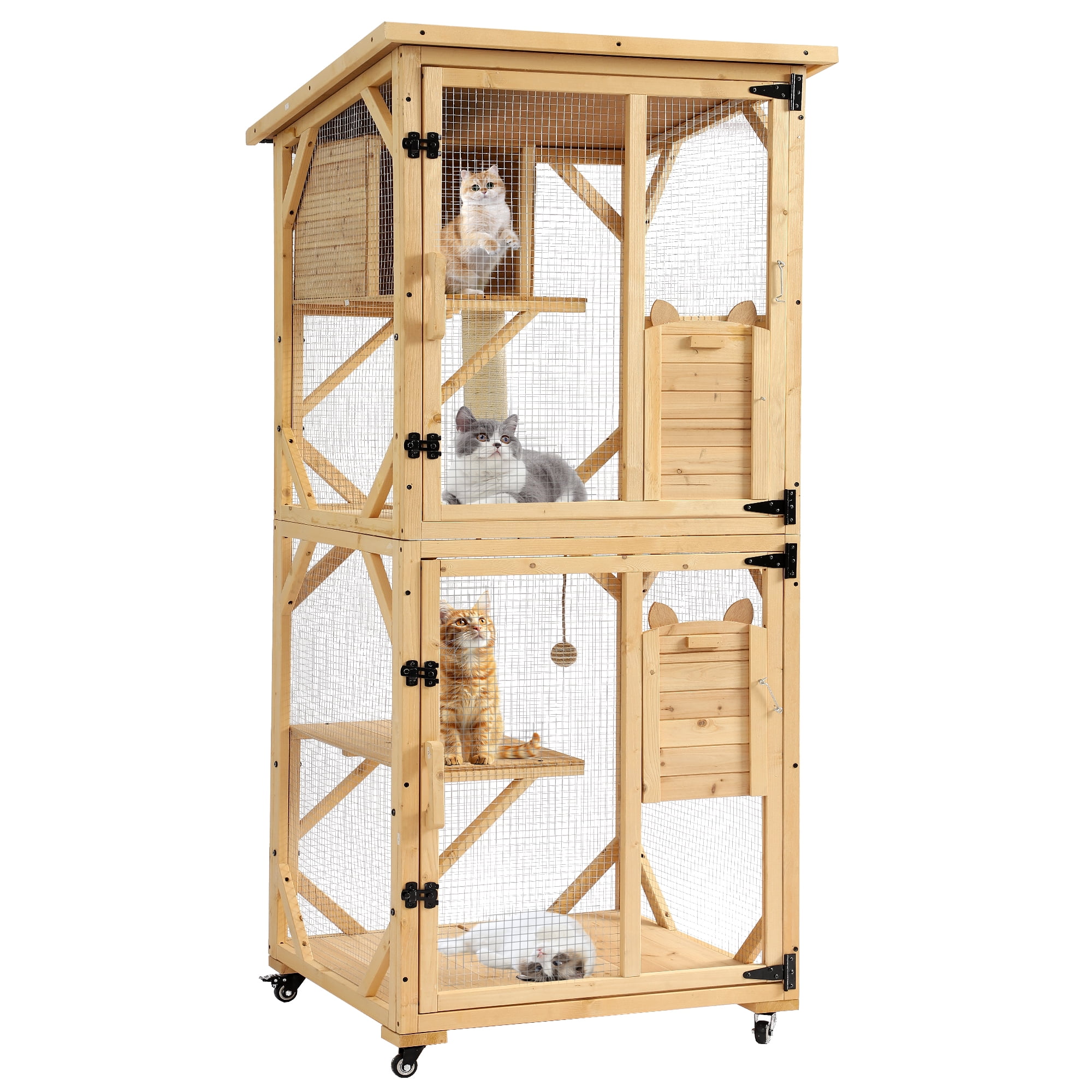 Magic Union Catio Outdoor Cat Enclosure, 4 Tiers Cat House with Waterproof Roof, Indoor Cat Cage with Wheels and Removable Floor, Large Outside Wood Cattio Kitty with Resting Box (Natural)