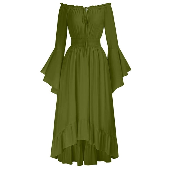 Roncen Women's Gothic Pure Color Off-Shoulder Long Bell Sleeve Dress - Dramatic and Enchanting Style