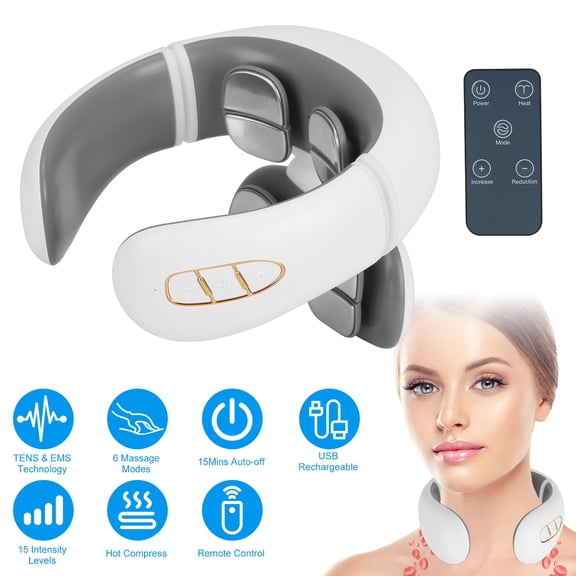 Imountek 8 Head Heated Neck Massager, 6 Modes 15 Intensity Levels EMS Neck Massager with Remote Control, White
