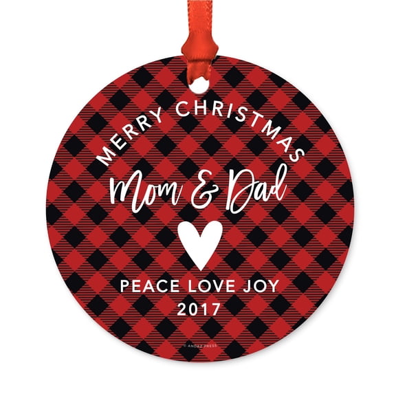 Family Metal Christmas Ornament, Merry Christmas Mom and Dad 2017, Red Plaid, Includes Ribbon and Gift Bag