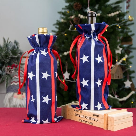 UALSRZL 4th of July Wine Bottle Gifts Bag, Patriotic Stars Stripes Bottle Cover for Party Supplies, Reusable Red White Blue Wine Tote for Holiday Table Decor