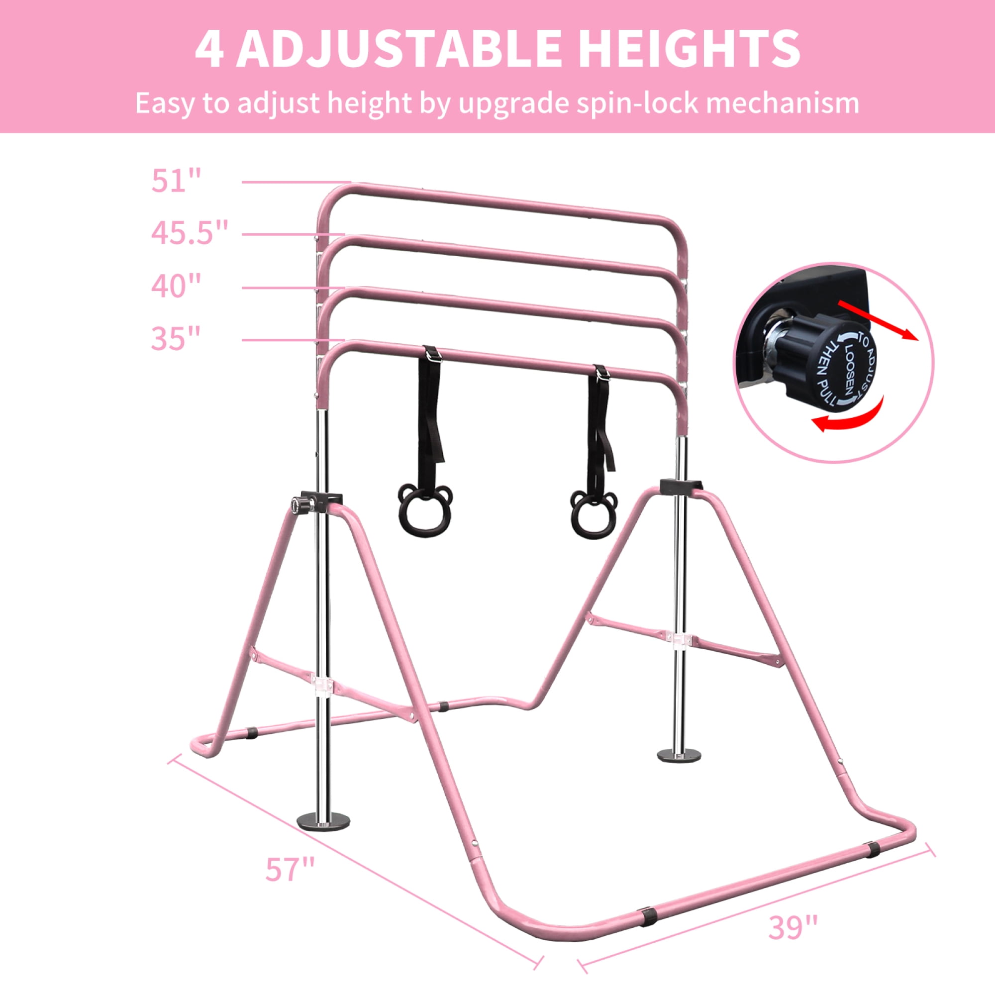 Gymnastics Bar for Kids,Adjustable Height Gymnastic Horizontal Bars with Bear Rings,Folding Junior Training Kip Bar for Kid Gymnasts, Child, Girl, Boy,Pink