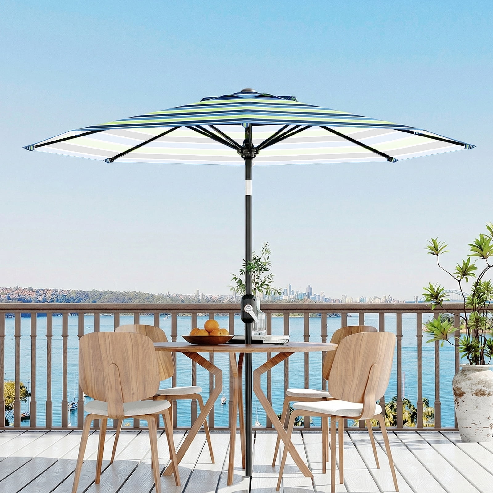 10FT Outdoor Patio Umbrella with 8 Sturdy Ribs, Crank Lift and Push Button Tilt, UV Protection Waterproof Market Table Umbrella for Pool Deck Yard, Tricolor Stripes (Base NOT Included)