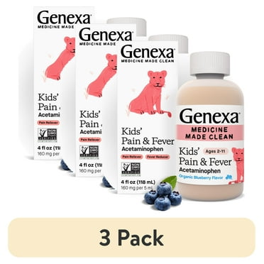 (3 pack) Genexa Kids’ Clean Pain & Fever Acetaminophen, Dye Free, Organic Blueberry, 4 fl oz
