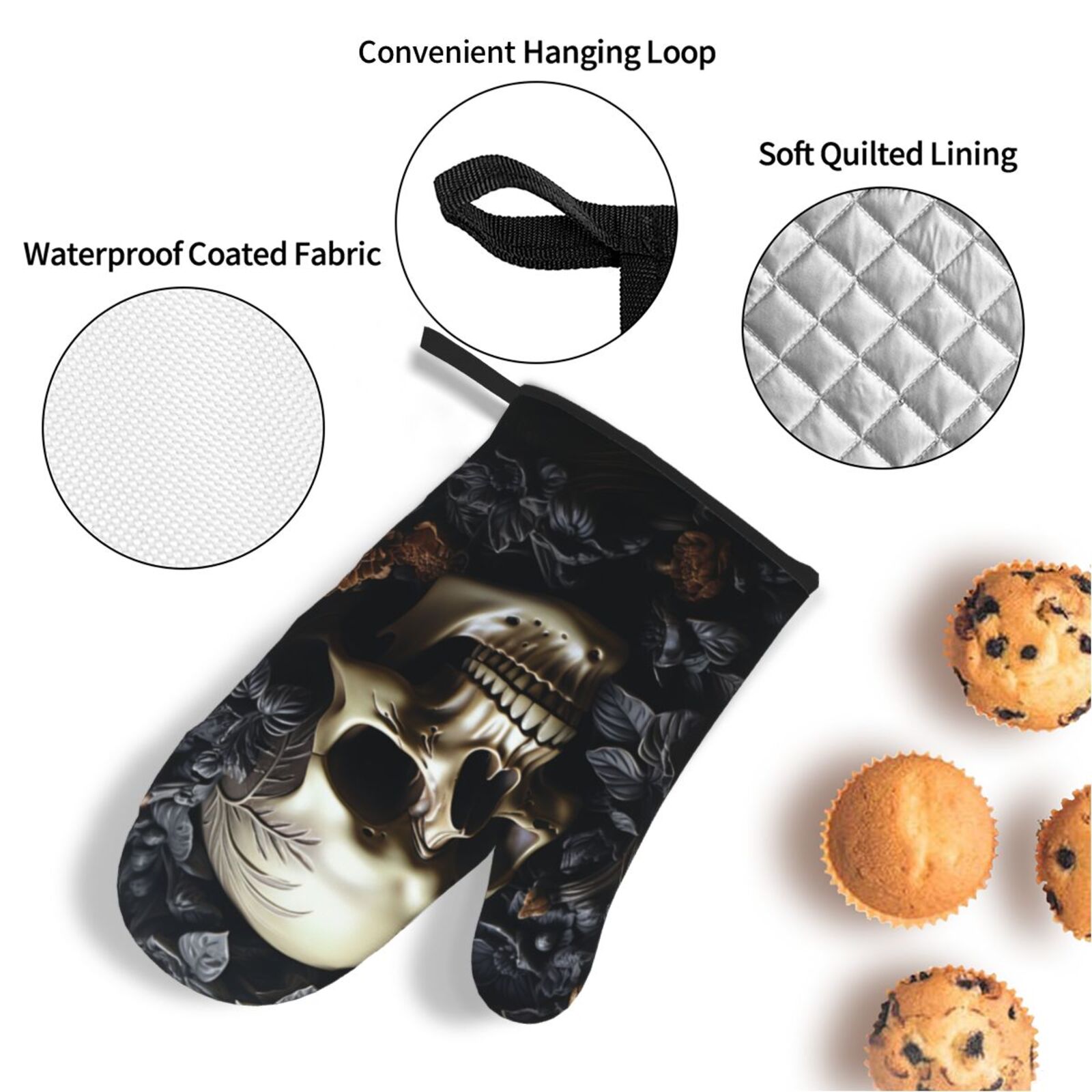 Death Skull Gothic Art Black 4Pcs Oven Mitts and Pot Holders Sets Oven Kitchen Gloves Hot Pads for Cooking BBQ Baking Grilling