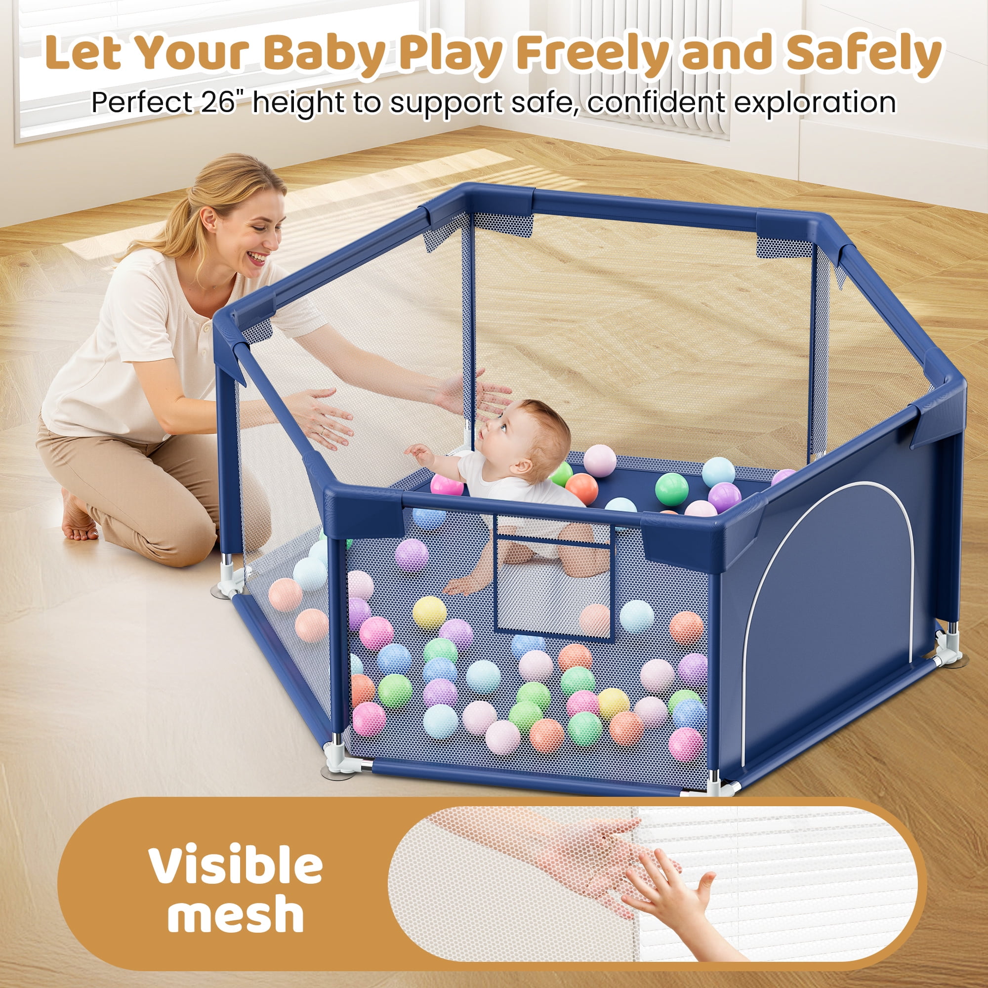 babyeap 50 Inch Baby Playpen,Hexagonal Toddler Playpen,Navy Blue