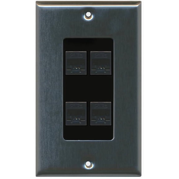 RiteAV Decorative 1 Gang 4 Port Cat5e Wall Plate - Stainless/Black