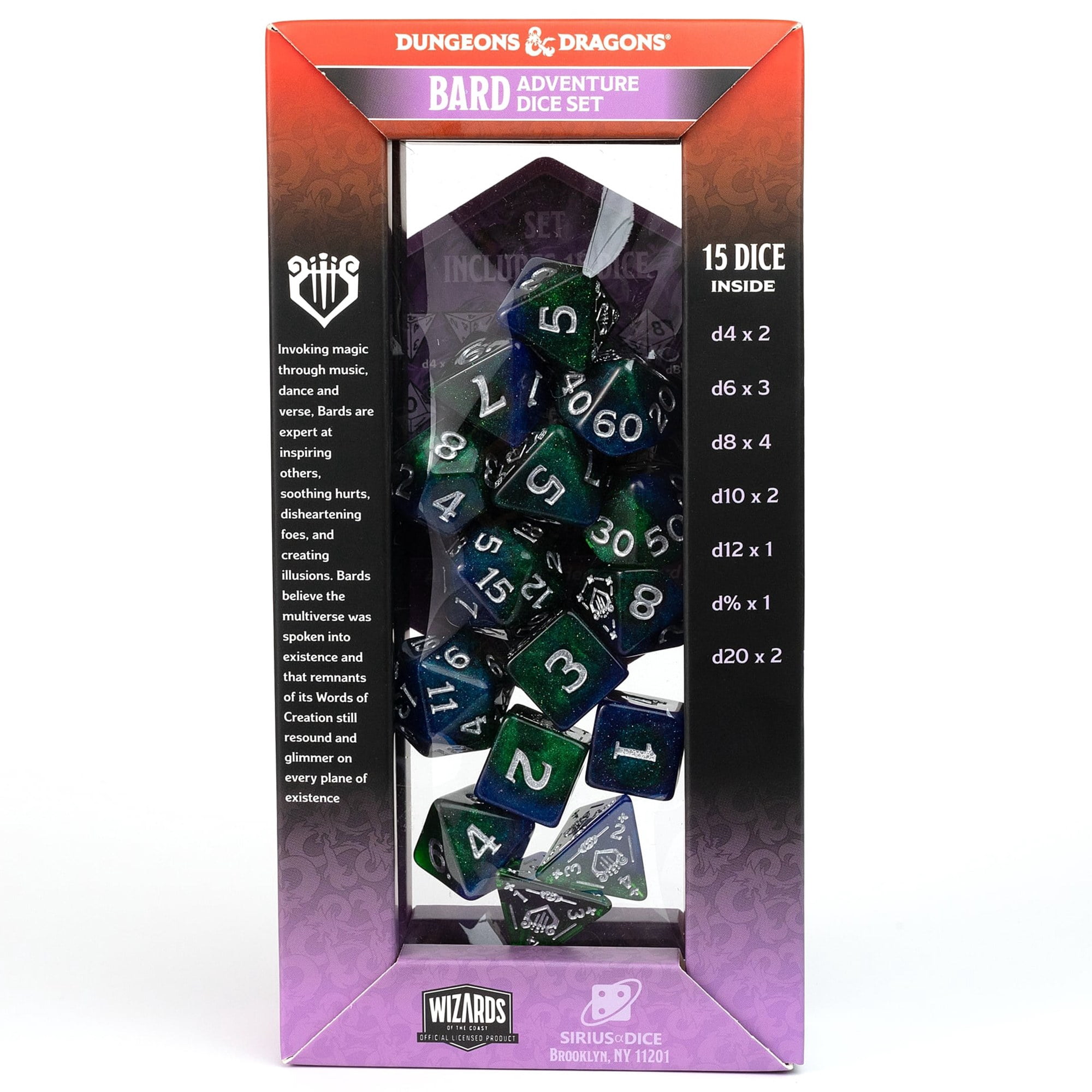 Dungeons & Dragons: D&D Adventure Dice: Bard - Blue & Green -15pc RPG Set, Class Symbols, Roleplaying Game Accessory, Sirius Dice, Officially Licensed