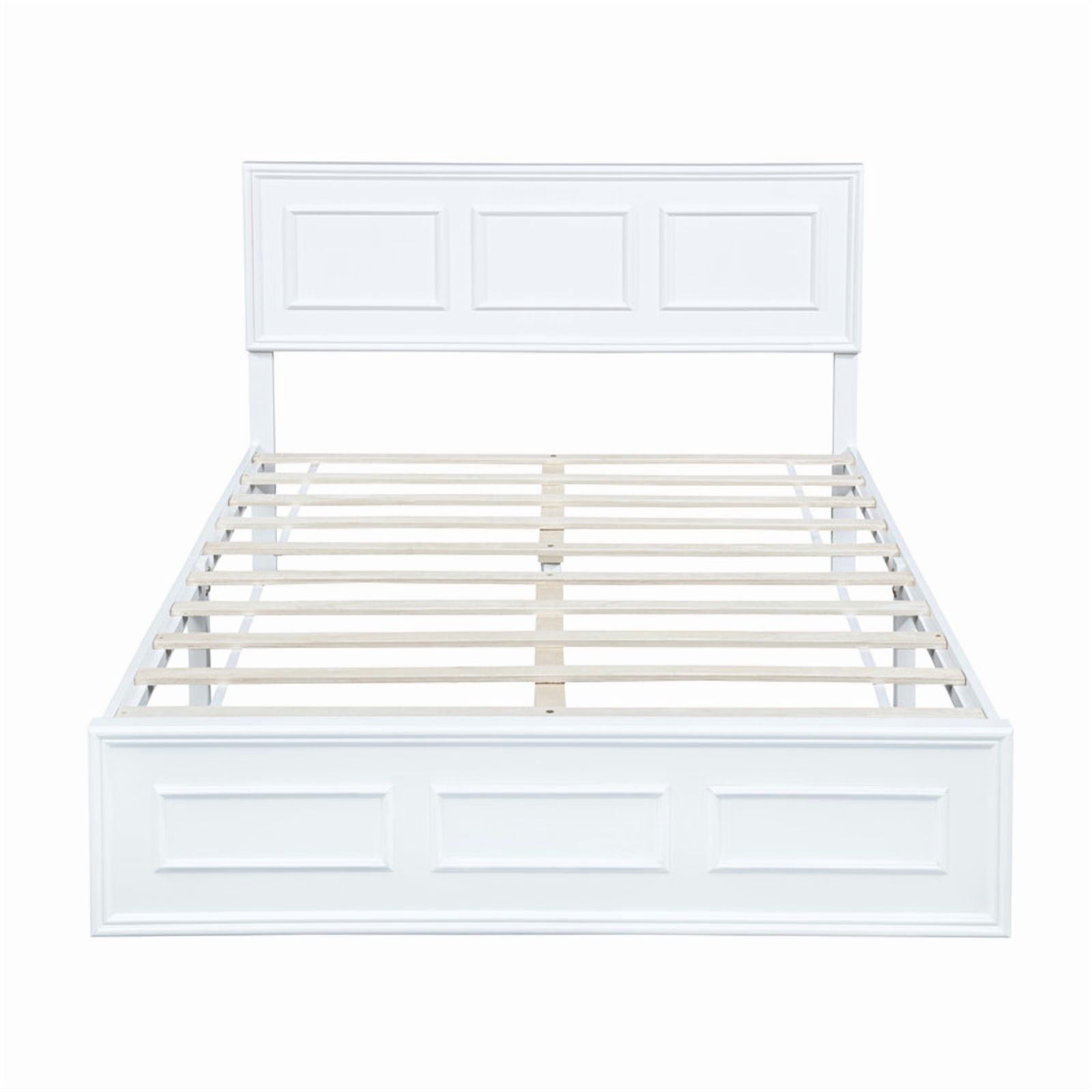 Vintage Queen Size Platform Bed with Adjustable Height Headboard, Wooden Low-Profile Bed Frame with Under-Bed Storage