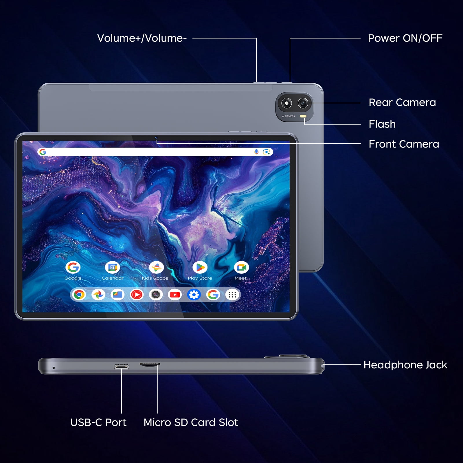 THTRO 10.1" Android 15 Tablet, 8GB RAM 128GB ROM,Quad-Core Processor , 6000mAh with Fast Charge, Dual Camera, IPS Touch Display Tablets, Blue Gray
