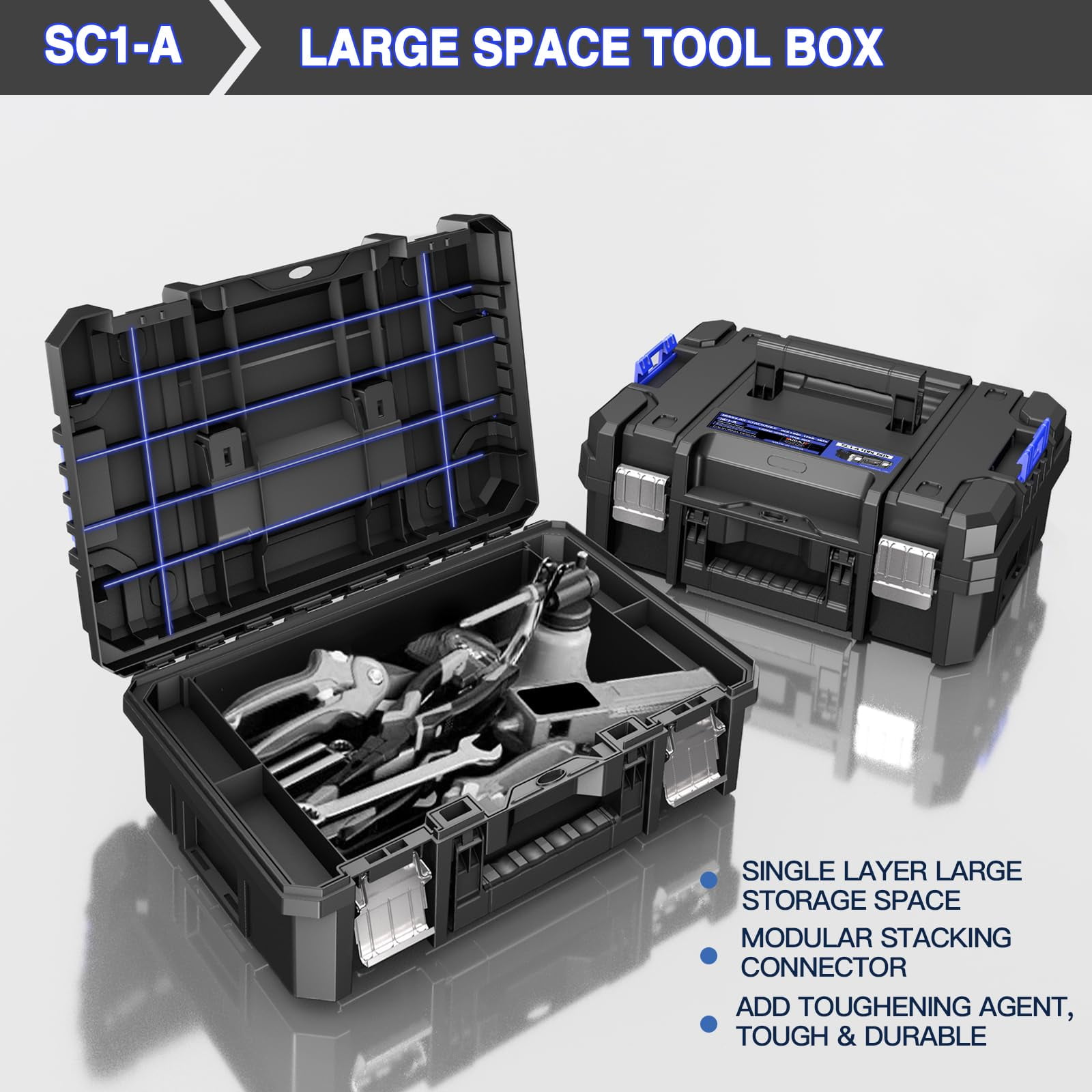 Heavy-Duty 4-Tier Stackable Rolling Tool Box with Clear Top Lid & Drawers, Modular Tool Storage Organizer System on Wheels for Garage & Home Repair