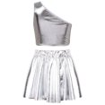 thumbnail image 2 of IEFIEL Kids Girls Metallic Glossy Dance Outfit Teens Cheers Uniform One Shoulder Crop Top with Pleated Skirt Silver 5-6, 2 of 7