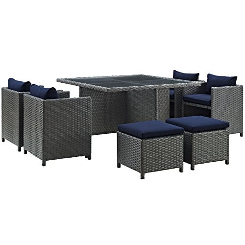 Modway Sojourn 9 Piece Wicker Outdoor Patio Furniture Dining, Navy