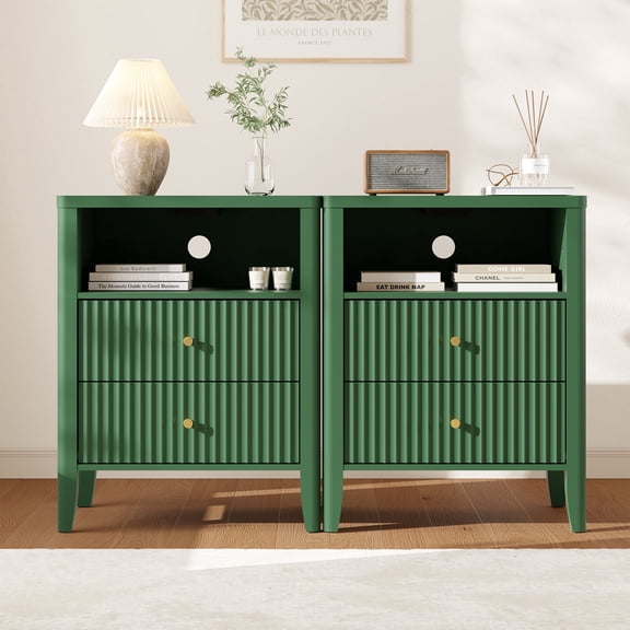 Fluted Nightstand with Set of 2Charging Station, Bedside Table with 2 Drawers and Open Shelf, USB & Type-C Ports, Modern Wood Nightstand End Table for Bedroom, Green